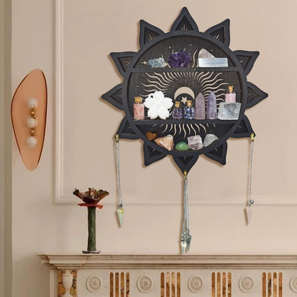 Chakra Lotus Flower Crystal Display Shelf with LED Light, Witchy Home Decor Boho Decorative Wall Mounted Trinket Shelf Wooden Sun Moon Shelf Rock Case Stone Storage Floating Hanging Holder