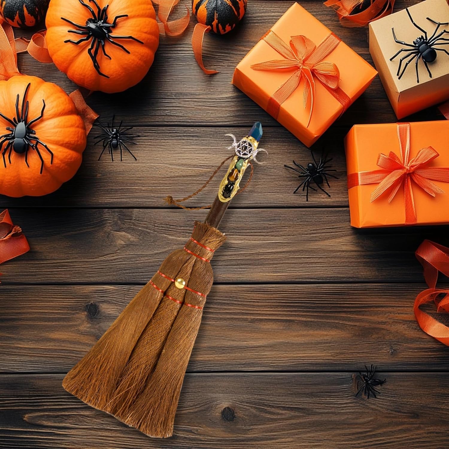 Witches Broom Wiccan Decor, Witch Natural Crystals Magic Broom, Wiccan Supplies and Tools, Besom Broom Witchcraft Supplies Wiccan Altar Pagan Altar Supplies, Halloween Present for Witches