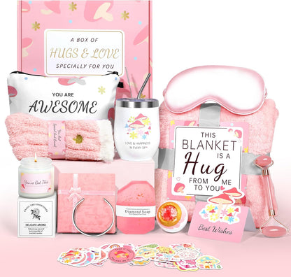 Get Well Soon Gifts for Women, Pink Self Care Package Feel Better Basket, After Surgery Sympathy Gifts Sick Care Package, Inspirational Sending Hugs Basket Thinking of You Gift Encouragement Gifts