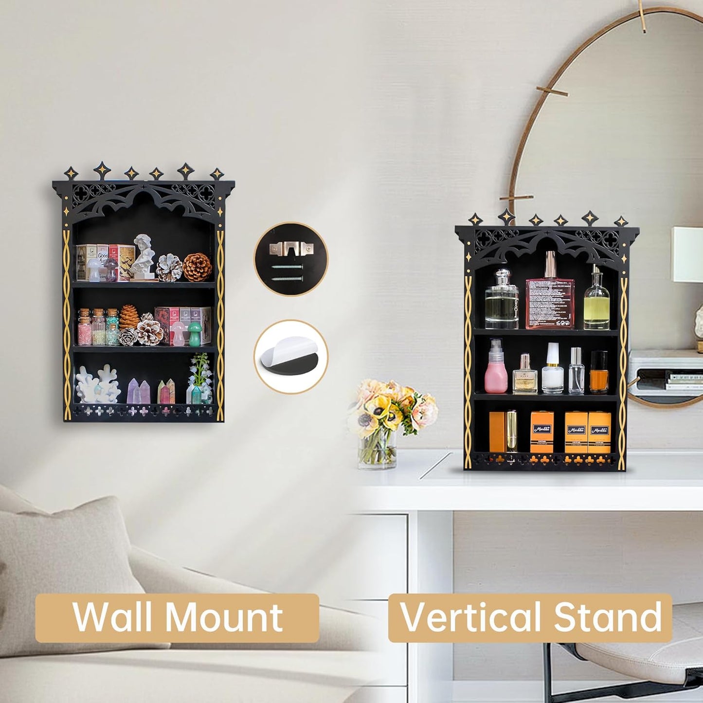 Large Gothic Crystal Shelf Display for Wall, Wooden Witchy Shelves for Home Decor, Trinket Knick Knack Shelf for Crystals Rocks Gems and Stones, Witch Crystals Storage Holder Organizer