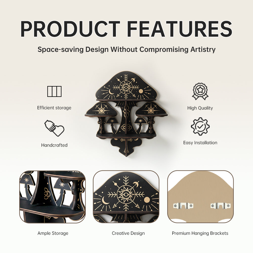 Wooden Mushroom Floating Shelves, Crystal Display Shelf For Wall, Wiccan Incantation Mushroom Wall Decor, Rock Gem Stone Storage Organizer, Essential Oil Holder Hanging Case, Meditation Art Spiritual Gift