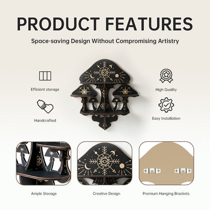 Wooden Mushroom Floating Shelves, Crystal Display Shelf For Wall, Wiccan Incantation Mushroom Wall Decor, Rock Gem Stone Storage Organizer, Essential Oil Holder Hanging Case, Meditation Art Spiritual Gift