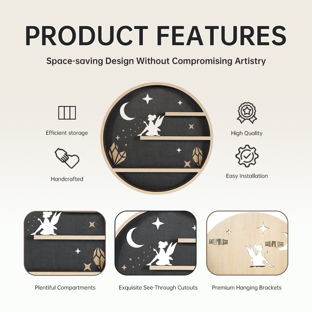 Crystal Shelf Display For Wall, Crystal Display Shelf Moon Wooden Fairy Crescent Moon Shelf Wall Decor, Decorative Home Floating Shelf Stone Storage Gem Holder Boho Hanging Organizer