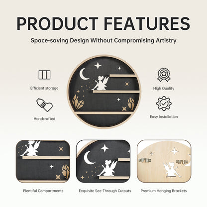 Crystal Shelf Display For Wall, Crystal Display Shelf Moon Wooden Fairy Crescent Moon Shelf Wall Decor, Decorative Home Floating Shelf Stone Storage Gem Holder Boho Hanging Organizer