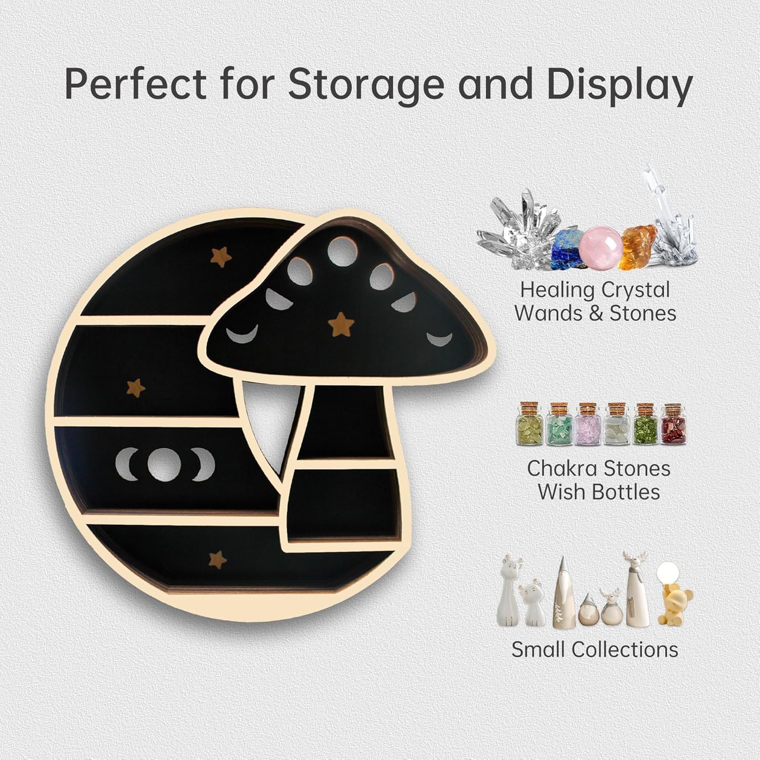 Cute Mushroom Decor, Wooden Mushroom Floating Shelves for Wall, Moon Shelf Wall Decor Crystal Rock Gem Stone Display Shelf, Trinket Knick Knack Shelf, Mushroom Gifts for Mushroom Lovers