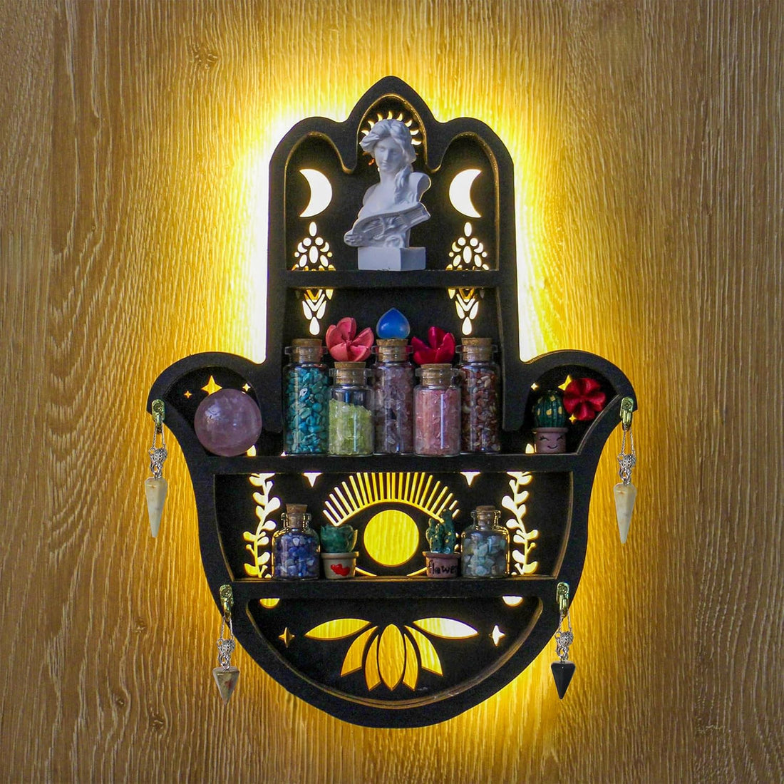 Hamsa Hand Crystal Shelf Display for Wall with 4 Hooks &amp; LED Light, Wooden Knick Knack Display Shelf, Sun &amp; Moon Gem Stone Rock Organizer Trinket Storage Holder
