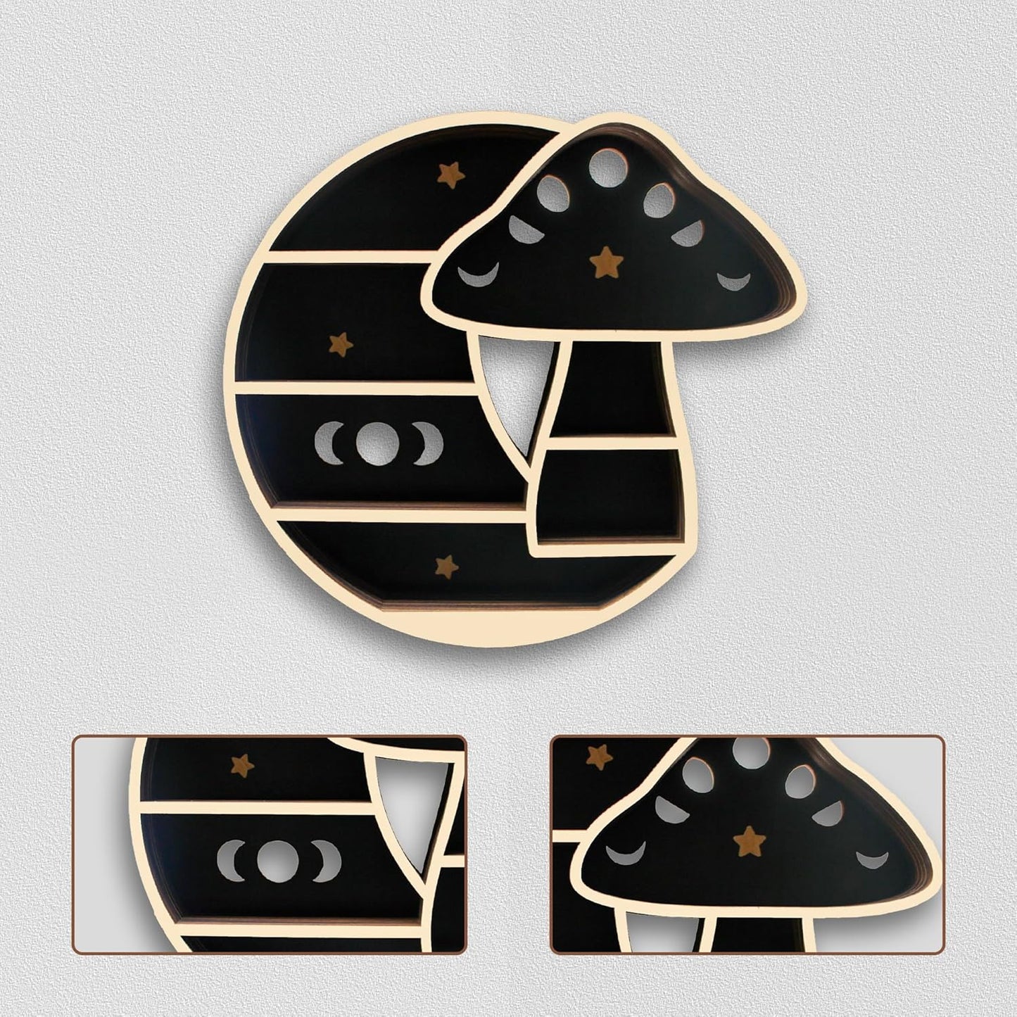 Cute Mushroom Decor, Wooden Mushroom Floating Shelves for Wall, Moon Shelf Wall Decor Crystal Rock Gem Stone Display Shelf, Trinket Knick Knack Shelf, Mushroom Gifts for Mushroom Lovers