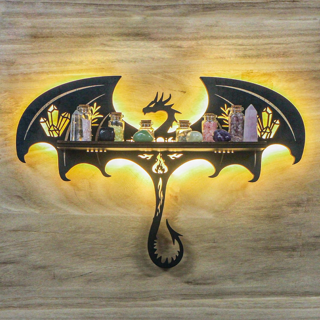 Gothic Evil Dragon Decor with LED Light Crystal Display Shelf for Wall, Wooden Witchy Shelf Rock Display Case Knick Knack Organizer Trinket Holder, Wall Hanging Shelves for Essential Oil &amp; Nail Polish