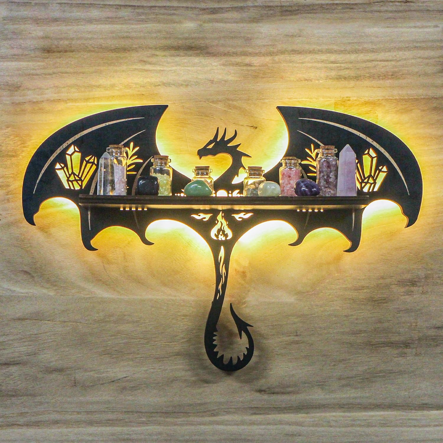 Gothic Evil Dragon Decor with LED Light Crystal Display Shelf for Wall, Wooden Witchy Shelf Rock Display Case Knick Knack Organizer Trinket Holder, Wall Hanging Shelves for Essential Oil & Nail Polish