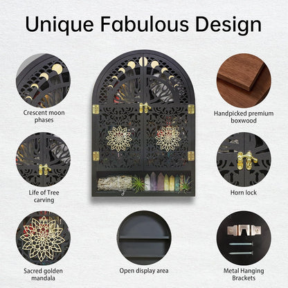 Large Crystal Display Shelf for Wall, Crescent Moon Phase Shelf Wall Decor, Wooden Arch Shelf, Life of Tree Crystal Holder Organizer, Cabinet for Gem Stone Rock, Spiritual Home Room Wall Decor