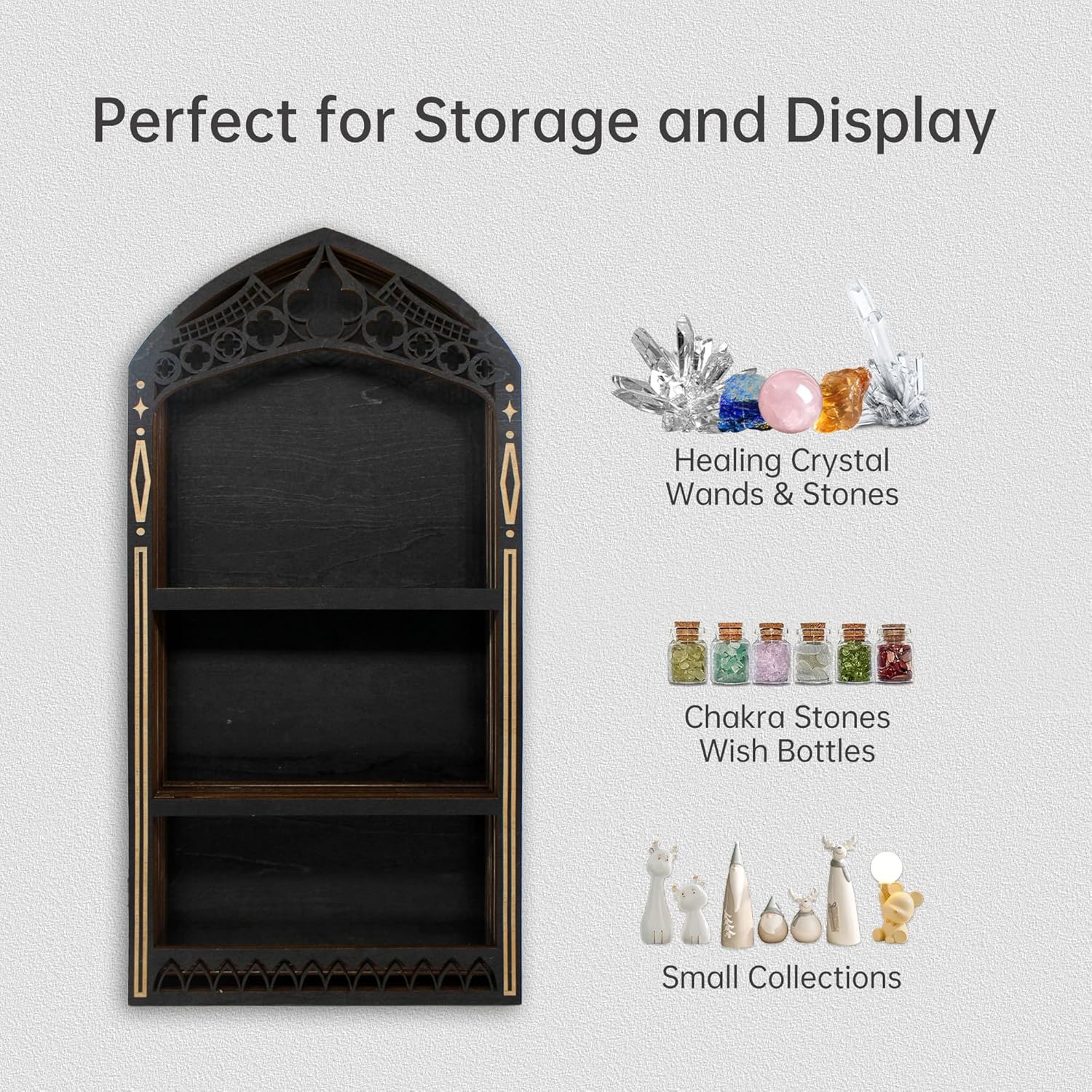 Gothic Crystal Shelf Display for Wall, Wooden Rock Gem Healing Stone Display Shelf Wall Mounted, Crystal Holder Trinket Organizer Knick Knack Shelf, Gothic Witchy Decor Gifts for Women - 2025 UPGRADED
