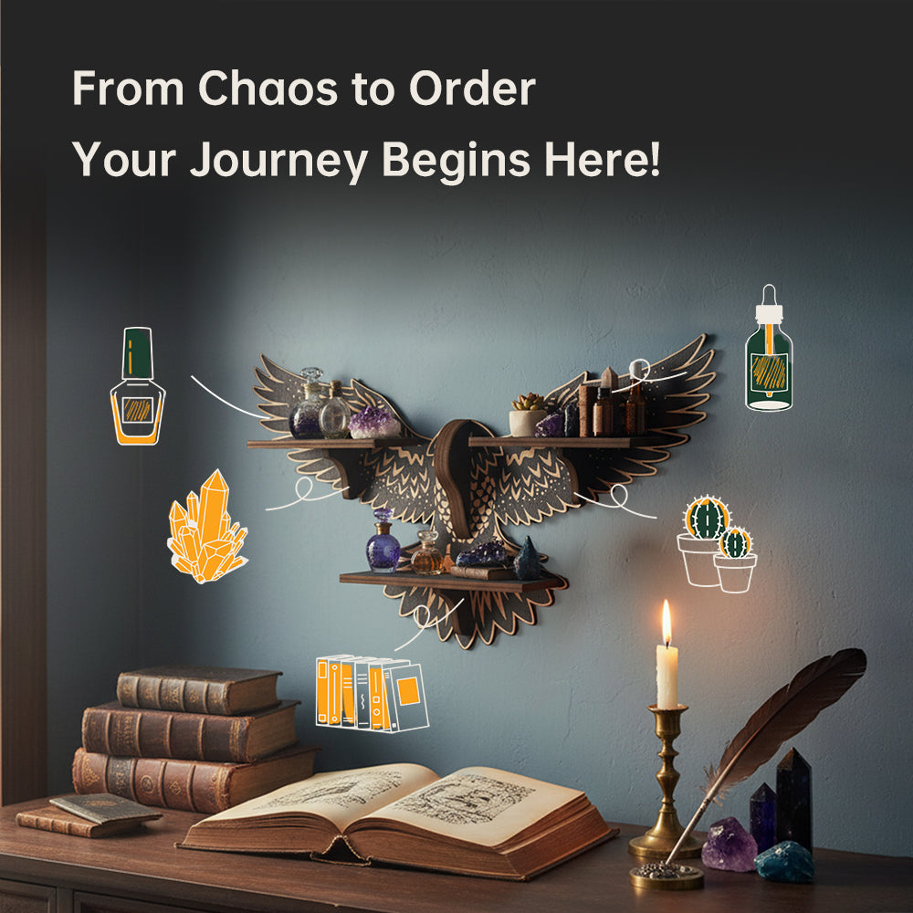 Griffin Floating Shelf - Gothic Halloween Hanging Shelf with Hooks for Wall Oddities and Curiosities - Black Spooky Goth Wall Decor for Kitchen and Home - Crystal Display Shelf for Stones