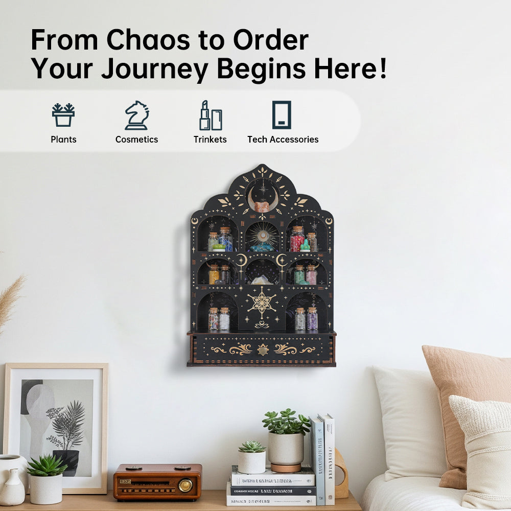 [Pedestals]1pc Wooden Wall Pedestals, Crystal Display Shelf For Living Room, Bedroom, Rock Gem Stone Desktop Storage Organizer, Essential Oil Holder Hanging Case, Meditation Art Spiritual Gift, Moon & Star Wall Decoration, Perfect Gift（副本）