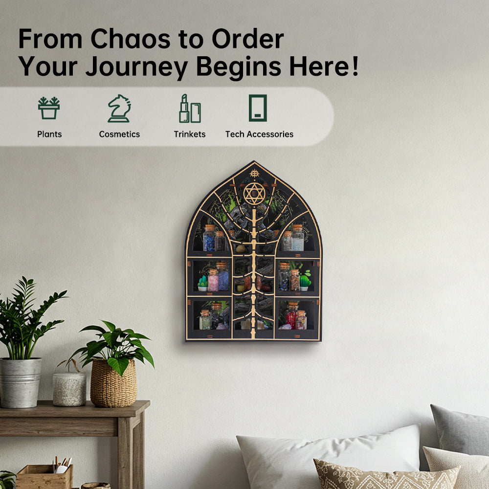 FNYDOXGI Wooden Floating Shelf, Gothic Trinket Display Shelf & Crescent Moon Wall Decor For Rocks Gems Healing Stones Crystals Display, Celestial Decor Crystal Holder Witchy Wall Decor, Halloween Decoration, Halloween Wall Decor Gift