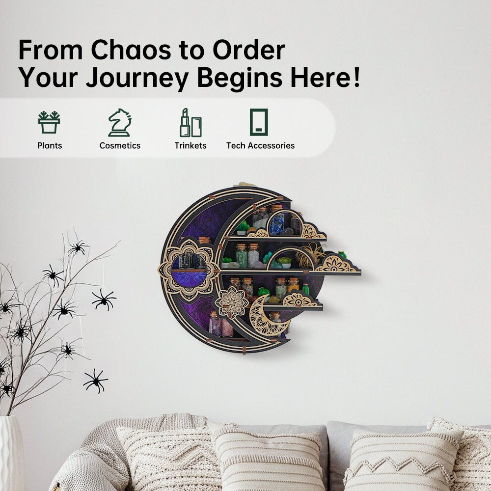 FNYDOXGI Wooden Floating Shelf, Gothic Trinket Display Shelf & Crescent Moon Wall Decor For Rocks Gems Healing Stones Crystals Display, Celestial Decor Crystal Holder Witchy Wall Decor