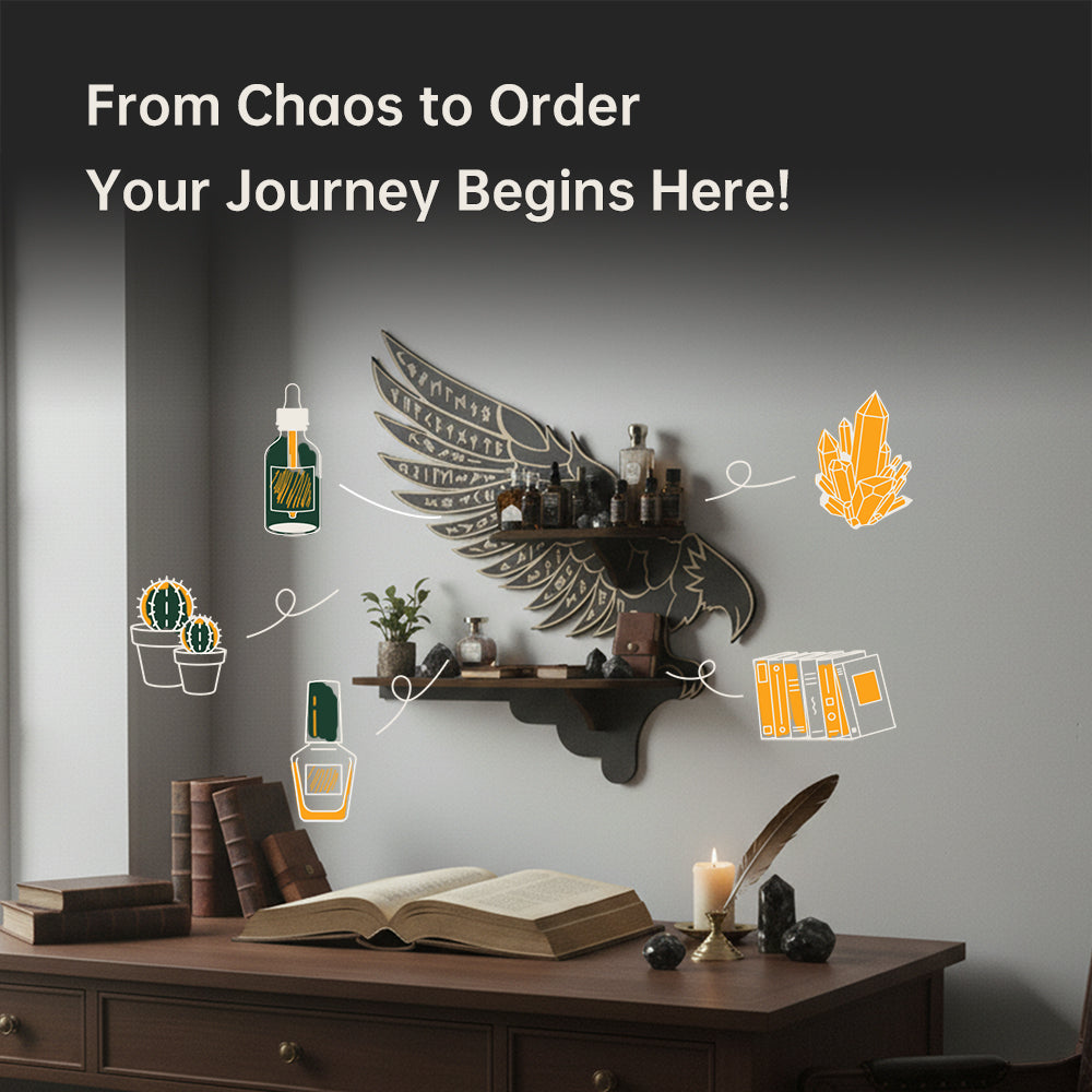 Griffin Floating Shelf - Gothic Halloween Hanging Shelf with Hooks for Wall Oddities and Curiosities - Black Spooky Goth Wall Decor for Kitchen and Home - Crystal Display Shelf for Stones