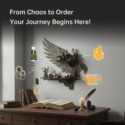 Griffin Floating Shelf - Gothic Halloween Hanging Shelf with Hooks for Wall Oddities and Curiosities - Black Spooky Goth Wall Decor for Kitchen and Home - Crystal Display Shelf for Stones