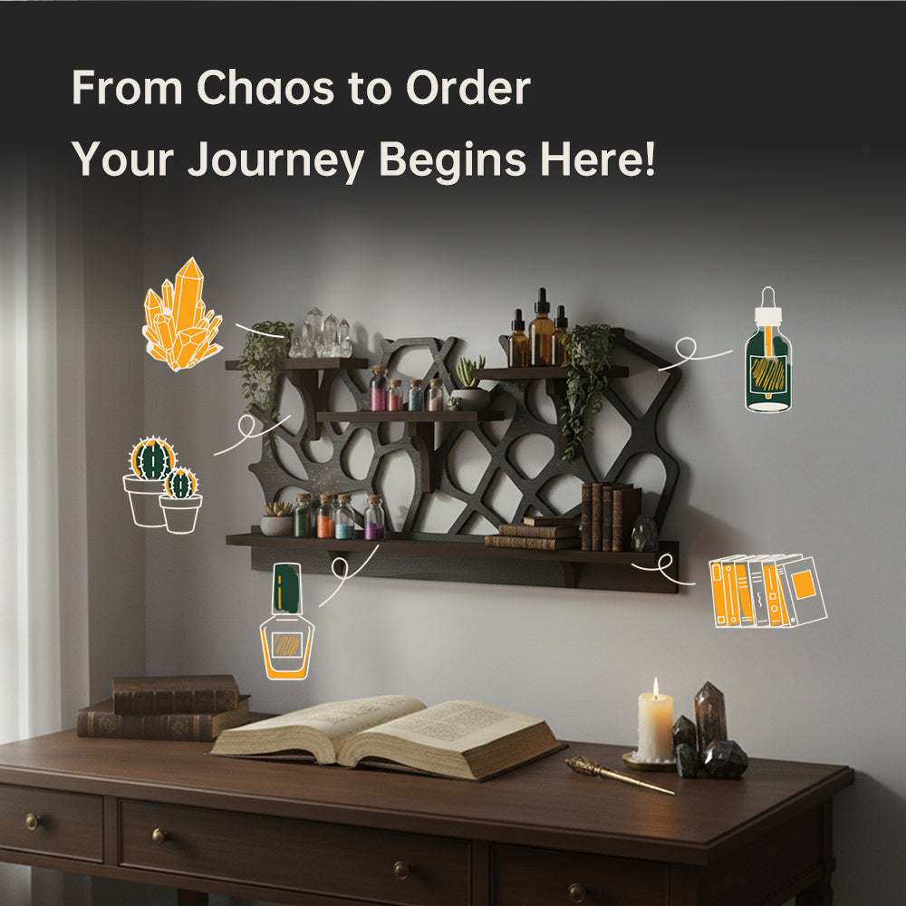 Spider Web Floating Shelf - FNYDOXGI Gothic Halloween Hanging Shelf with Hooks for Wall Oddities and Curiosities - Black Spooky Goth Wall Decor for Kitchen and Home - Crystal Display Shelf for Stones