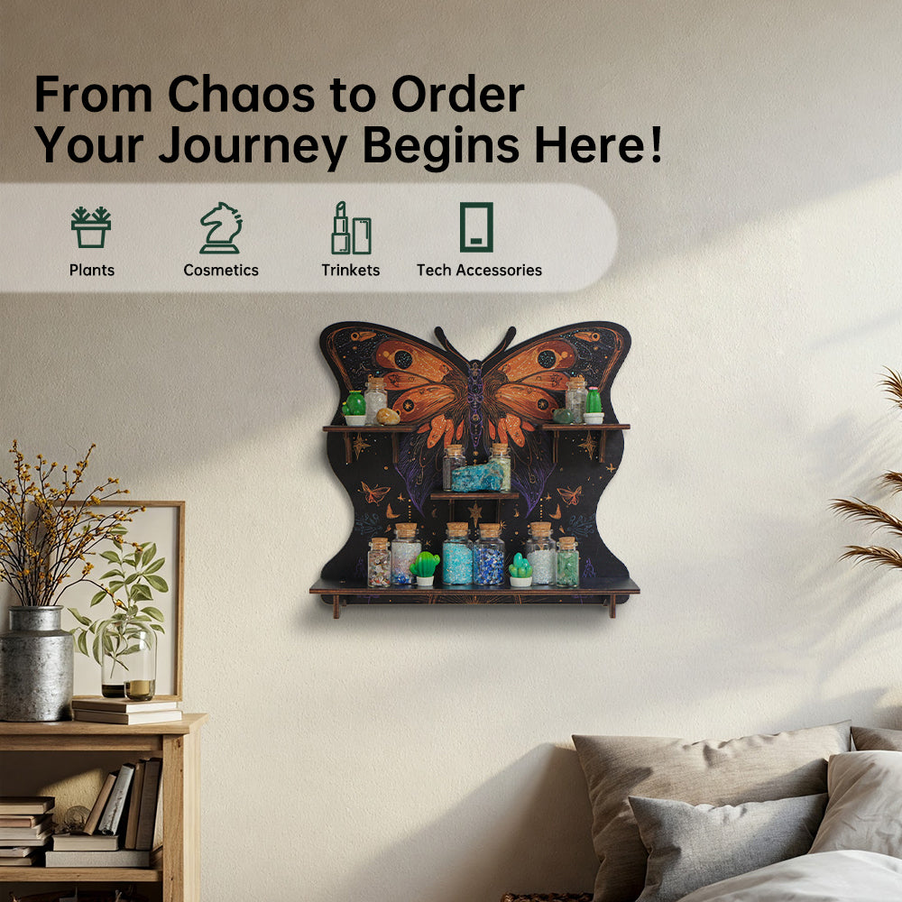FNYDOXGI Butterfly Crystal Shelf Display, Boho Pine Wood Wall Floating Shelves With Light For Gem Stone Essential Oil Storage, Bohemian Wooden Butterfly Hanging Witch Rustic Decor Holder
