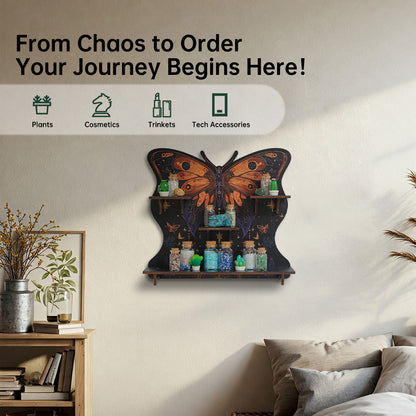 FNYDOXGI Butterfly Crystal Shelf Display, Boho Pine Wood Wall Floating Shelves With Light For Gem Stone Essential Oil Storage, Bohemian Wooden Butterfly Hanging Witch Rustic Decor Holder