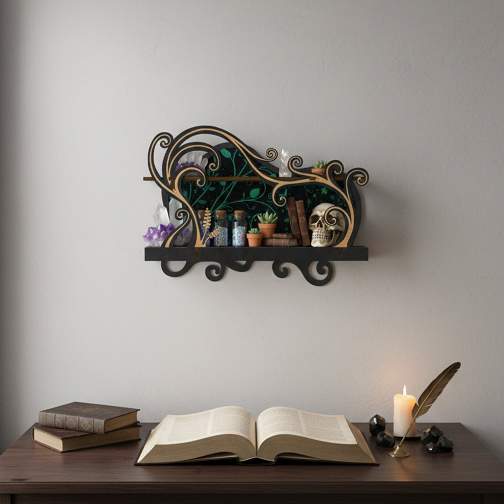 [Floating Shelf]1pc Wall Shelf for Crystals Rocks Gems Healing Stones, Wall Decoration, Trinket Knick Knack Shelf Crystals Holder Organizer, Wooden Wall Shelf for Witch Witchy Wiccan Vine Decor Spiritual Gifts, Halloween Decoration, Gift