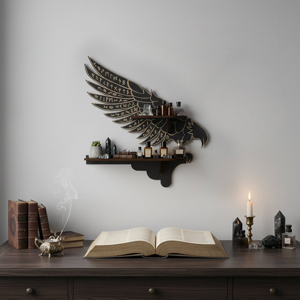 Griffin Floating Shelf - Gothic Halloween Hanging Shelf with Hooks for Wall Oddities and Curiosities - Black Spooky Goth Wall Decor for Kitchen and Home - Crystal Display Shelf for Stones