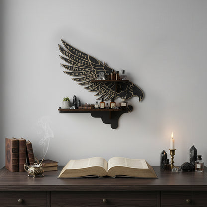 Griffin Floating Shelf - Gothic Halloween Hanging Shelf with Hooks for Wall Oddities and Curiosities - Black Spooky Goth Wall Decor for Kitchen and Home - Crystal Display Shelf for Stones