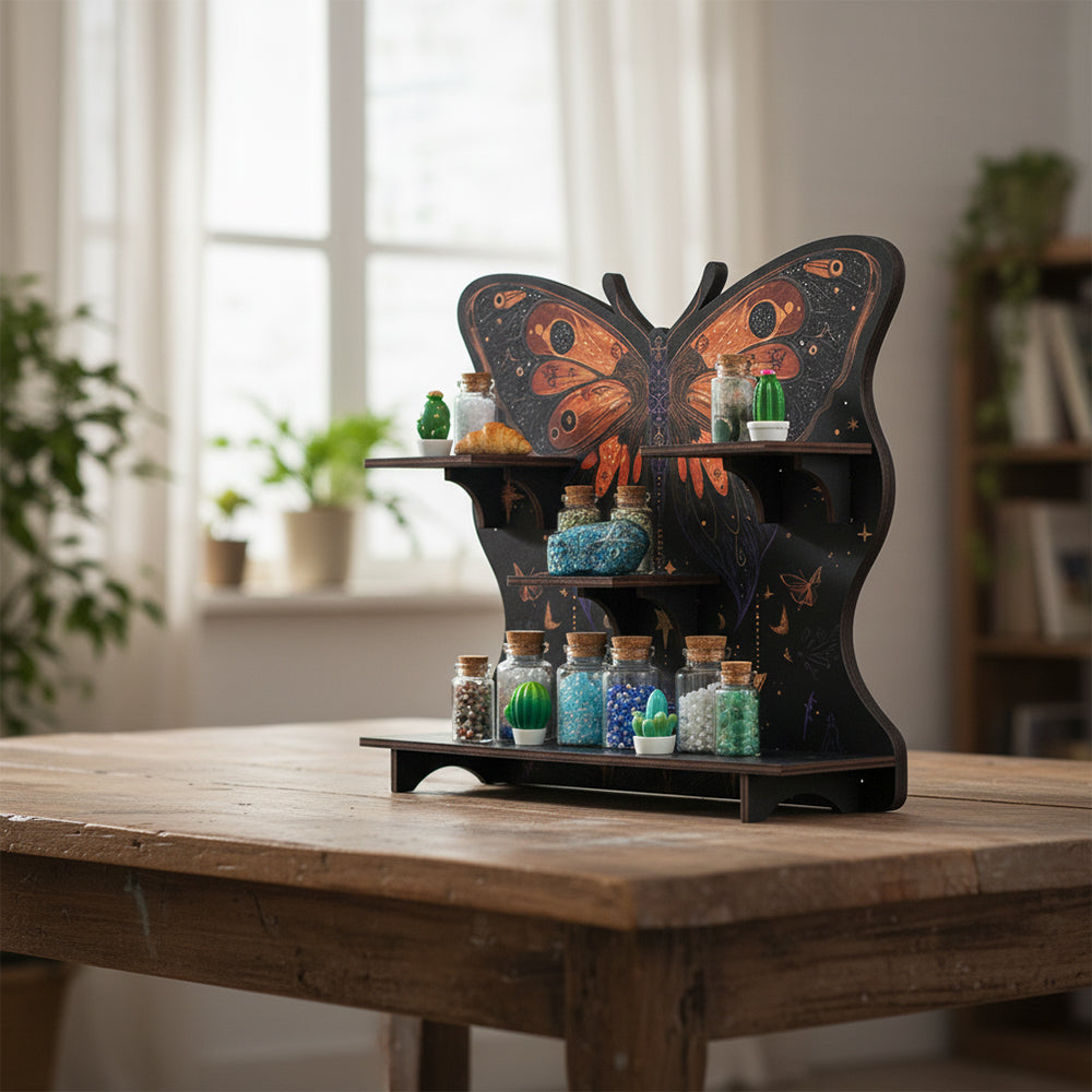 FNYDOXGI Butterfly Crystal Shelf Display, Boho Pine Wood Wall Floating Shelves With Light For Gem Stone Essential Oil Storage, Bohemian Wooden Butterfly Hanging Witch Rustic Decor Holder