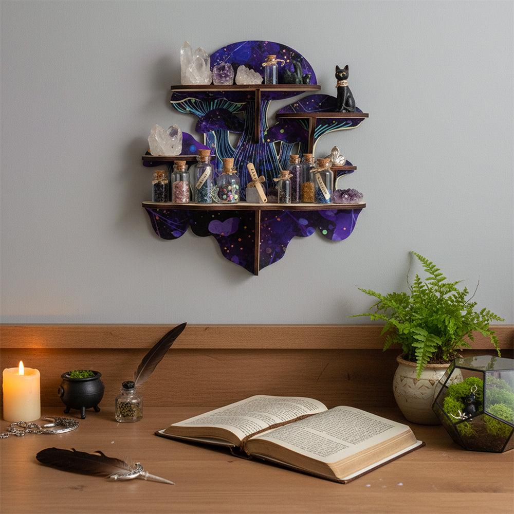 Wiccan Mushroom Decor, Wooden Floating Mushroom Shelf For Wall, Crystal Display Shelf Rock Gem Stone Display Shelf Wall Mounted