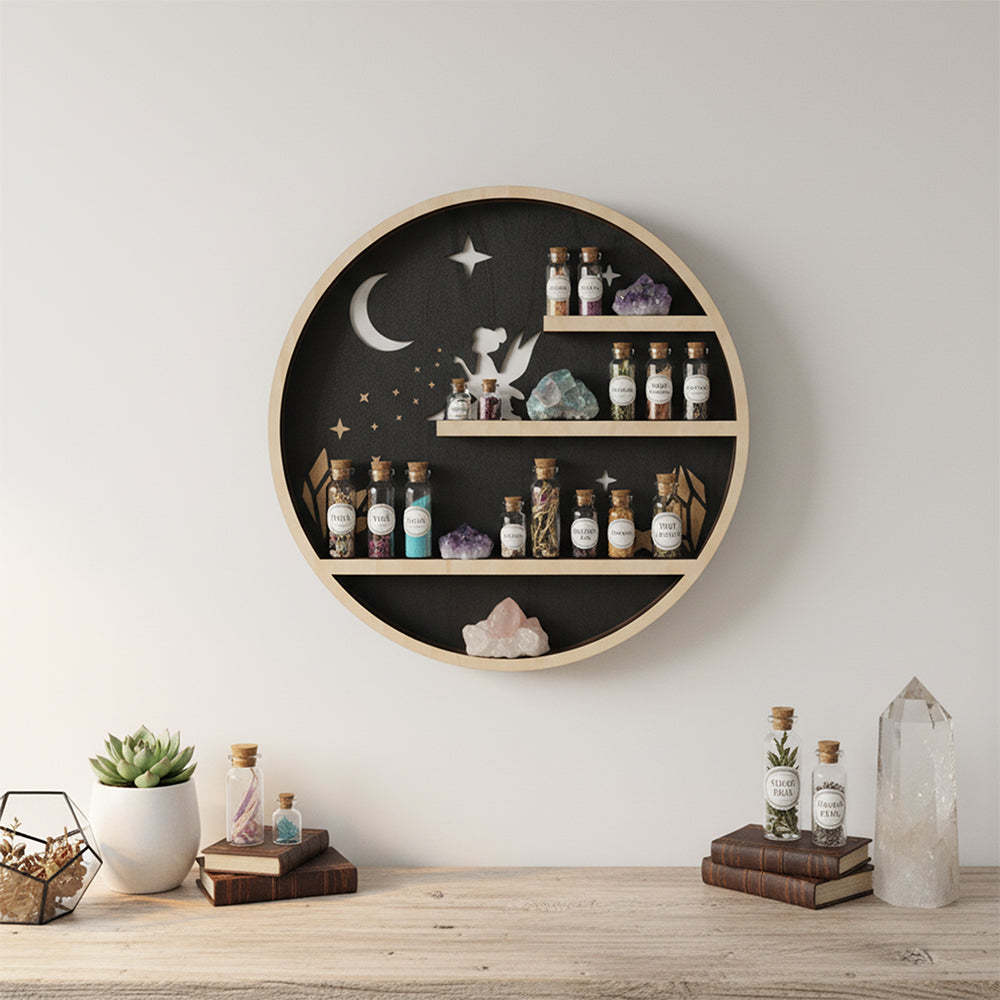 Crystal Shelf Display For Wall, Crystal Display Shelf Moon Wooden Fairy Crescent Moon Shelf Wall Decor, Decorative Home Floating Shelf Stone Storage Gem Holder Boho Hanging Organizer