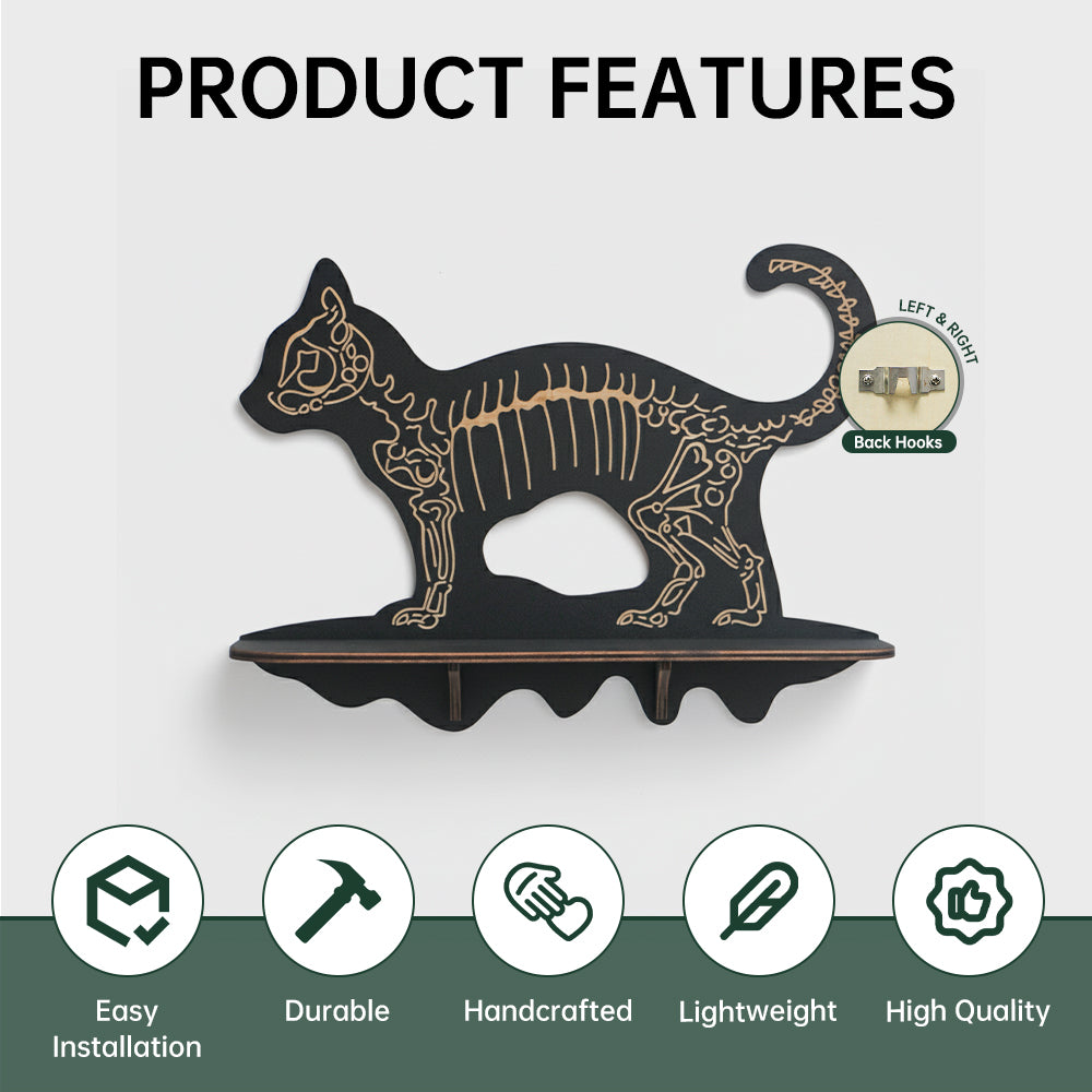 FNYDOXGI Skeleton Cat Crystal Display Shelf, Rock Gem Stone Holder, Essential Oils Nail Polish Organizer, Trinket Knick Knack Shelf Wall Mounted, Witch Witchy Wiccan Home Decor