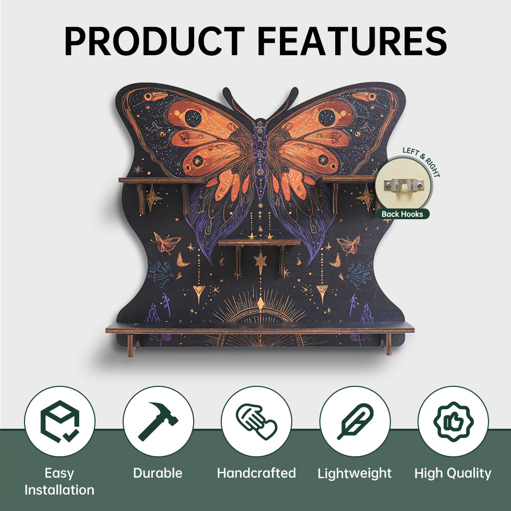 FNYDOXGI Butterfly Crystal Shelf Display, Boho Pine Wood Wall Floating Shelves With Light For Gem Stone Essential Oil Storage, Bohemian Wooden Butterfly Hanging Witch Rustic Decor Holder