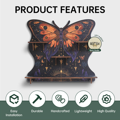 FNYDOXGI Butterfly Crystal Shelf Display, Boho Pine Wood Wall Floating Shelves With Light For Gem Stone Essential Oil Storage, Bohemian Wooden Butterfly Hanging Witch Rustic Decor Holder