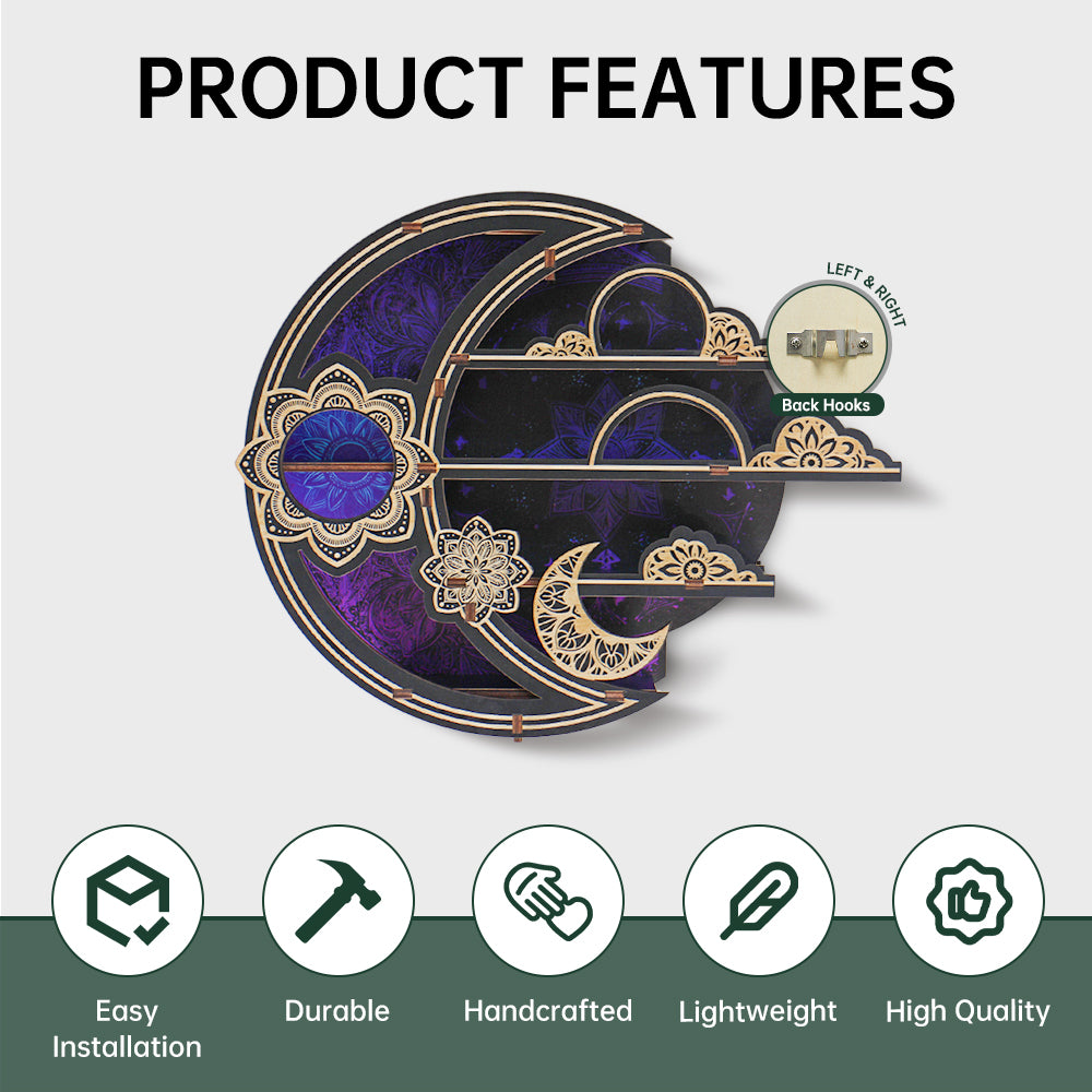 FNYDOXGI Wooden Floating Shelf, Gothic Trinket Display Shelf & Crescent Moon Wall Decor For Rocks Gems Healing Stones Crystals Display, Celestial Decor Crystal Holder Witchy Wall Decor
