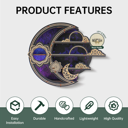 FNYDOXGI Wooden Floating Shelf, Gothic Trinket Display Shelf & Crescent Moon Wall Decor For Rocks Gems Healing Stones Crystals Display, Celestial Decor Crystal Holder Witchy Wall Decor