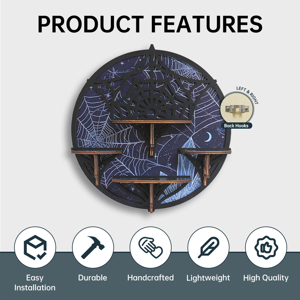 [Floating Shelf]1pc Wooden Wall Shelf, Halloween Decor, Spider Web Crystal Display Shelf For Living Room, Bedroom, Rock Gem Stone Desktop Storage Organizer, Essential Oil Holder Hanging Case, Meditation Art Spiritual Gift, Wall Decoration