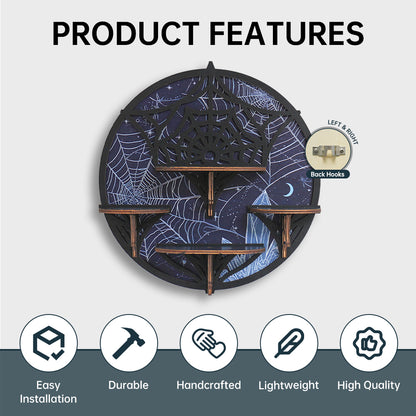 [Floating Shelf]1pc Wooden Wall Shelf, Halloween Decor, Spider Web Crystal Display Shelf For Living Room, Bedroom, Rock Gem Stone Desktop Storage Organizer, Essential Oil Holder Hanging Case, Meditation Art Spiritual Gift, Wall Decoration