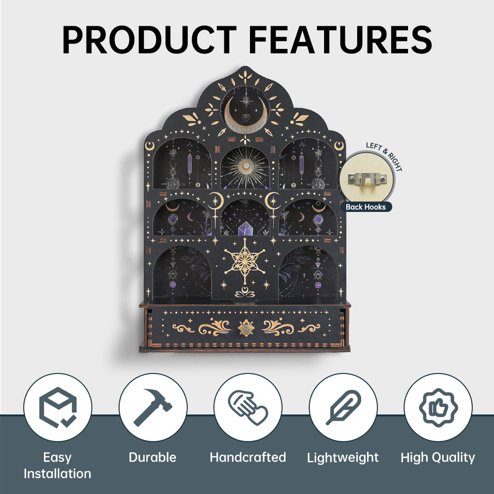 [Pedestals]1pc Wooden Wall Pedestals, Crystal Display Shelf For Living Room, Bedroom, Rock Gem Stone Desktop Storage Organizer, Essential Oil Holder Hanging Case, Meditation Art Spiritual Gift, Moon & Star Wall Decoration, Perfect Gift（副本）