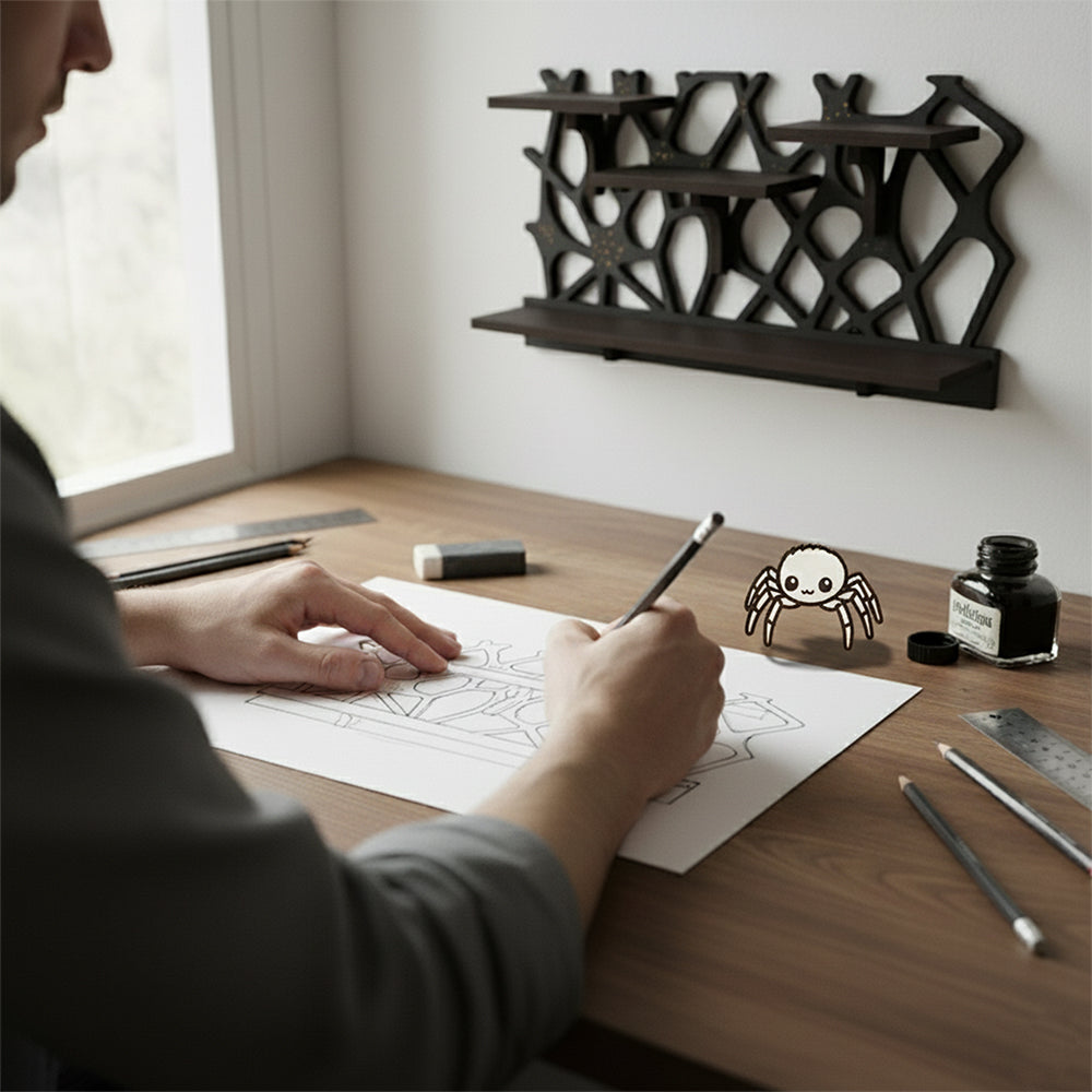 Spider Web Floating Shelf - FNYDOXGI Gothic Halloween Hanging Shelf with Hooks for Wall Oddities and Curiosities - Black Spooky Goth Wall Decor for Kitchen and Home - Crystal Display Shelf for Stones