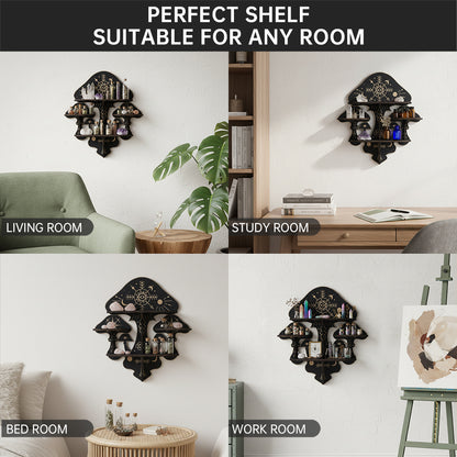 Wooden Mushroom Floating Shelves, Crystal Display Shelf For Wall, Wiccan Incantation Mushroom Wall Decor, Rock Gem Stone Storage Organizer, Essential Oil Holder Hanging Case, Meditation Art Spiritual Gift