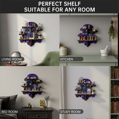 Wiccan Mushroom Decor, Wooden Floating Mushroom Shelf For Wall, Crystal Display Shelf Rock Gem Stone Display Shelf Wall Mounted