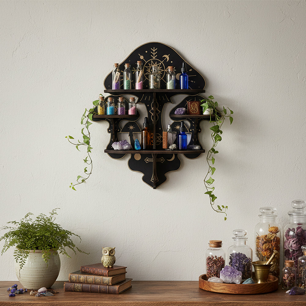Wooden Mushroom Floating Shelves, Crystal Display Shelf For Wall, Wiccan Incantation Mushroom Wall Decor, Rock Gem Stone Storage Organizer, Essential Oil Holder Hanging Case, Meditation Art Spiritual Gift