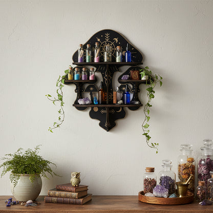 Wooden Mushroom Floating Shelves, Crystal Display Shelf For Wall, Wiccan Incantation Mushroom Wall Decor, Rock Gem Stone Storage Organizer, Essential Oil Holder Hanging Case, Meditation Art Spiritual Gift