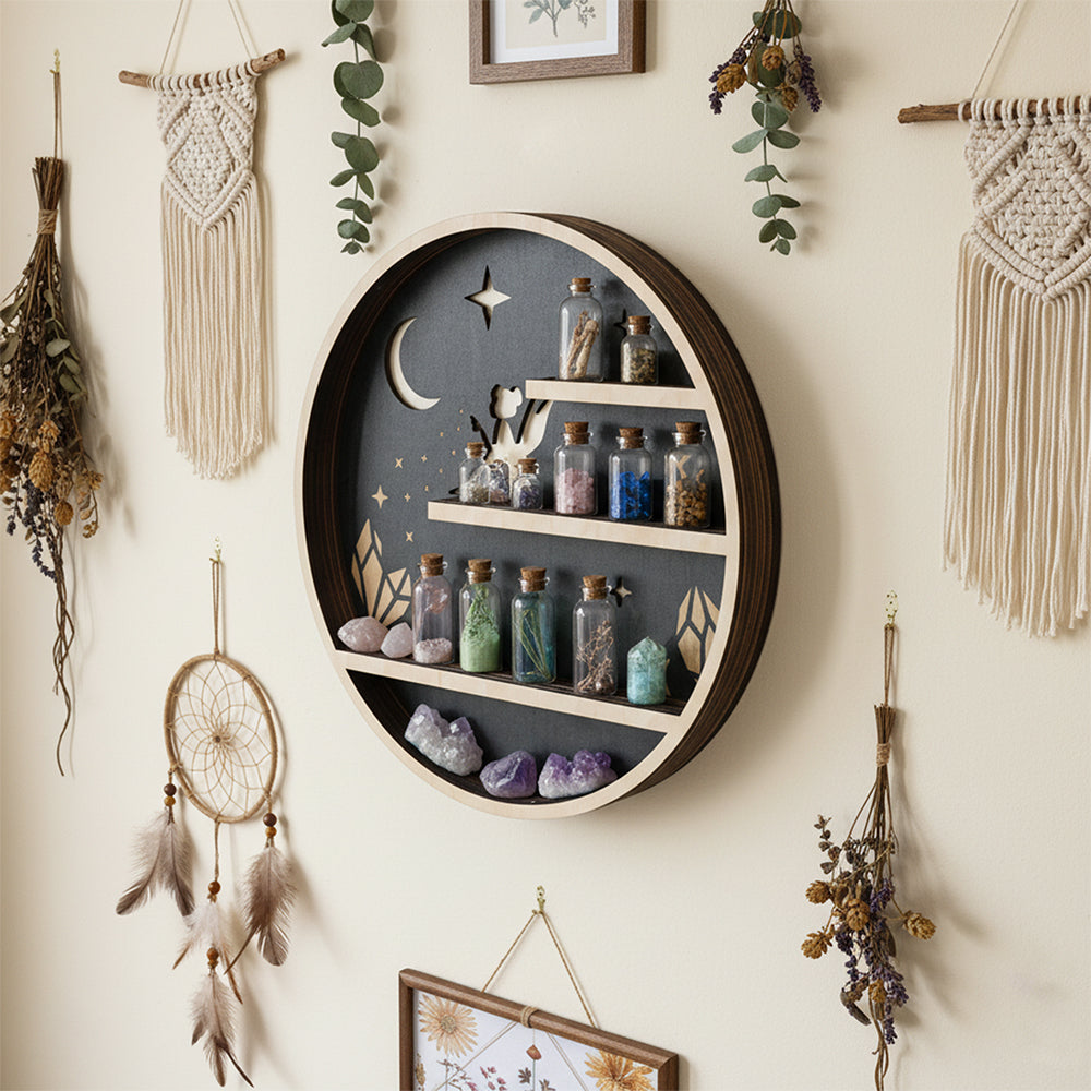 Crystal Shelf Display For Wall, Crystal Display Shelf Moon Wooden Fairy Crescent Moon Shelf Wall Decor, Decorative Home Floating Shelf Stone Storage Gem Holder Boho Hanging Organizer