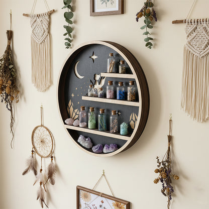 Crystal Shelf Display For Wall, Crystal Display Shelf Moon Wooden Fairy Crescent Moon Shelf Wall Decor, Decorative Home Floating Shelf Stone Storage Gem Holder Boho Hanging Organizer
