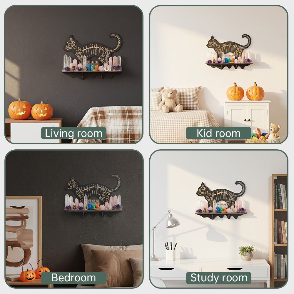 FNYDOXGI Skeleton Cat Crystal Display Shelf, Rock Gem Stone Holder, Essential Oils Nail Polish Organizer, Trinket Knick Knack Shelf Wall Mounted, Witch Witchy Wiccan Home Decor