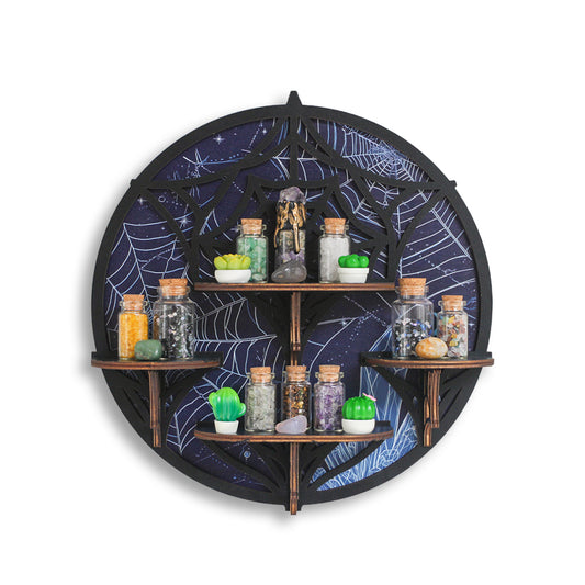 [Floating Shelf]1pc Wooden Wall Shelf, Halloween Decor, Spider Web Crystal Display Shelf For Living Room, Bedroom, Rock Gem Stone Desktop Storage Organizer, Essential Oil Holder Hanging Case, Meditation Art Spiritual Gift, Wall Decoration
