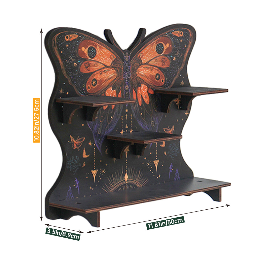 FNYDOXGI Butterfly Crystal Shelf Display, Boho Pine Wood Wall Floating Shelves With Light For Gem Stone Essential Oil Storage, Bohemian Wooden Butterfly Hanging Witch Rustic Decor Holder