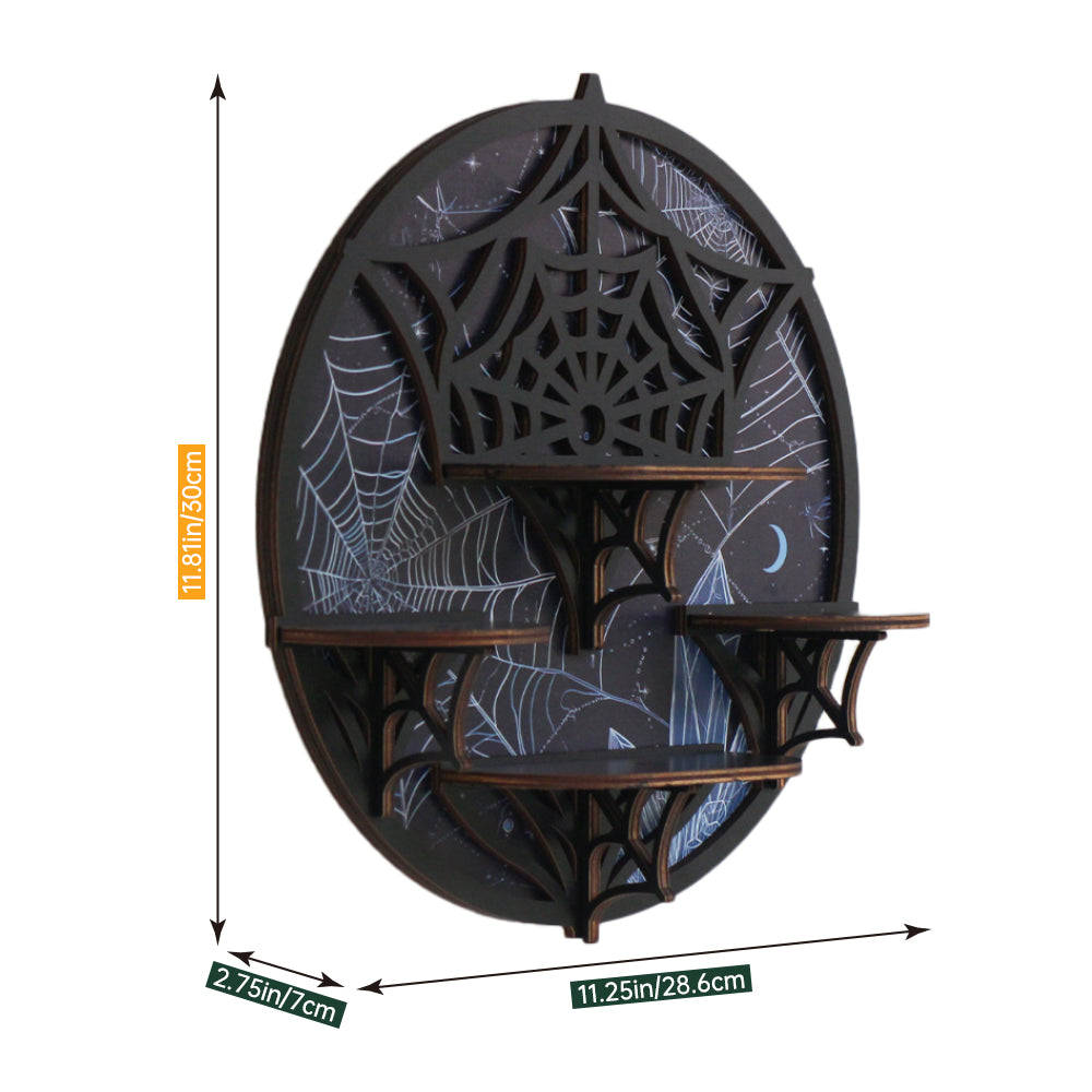[Floating Shelf]1pc Wooden Wall Shelf, Halloween Decor, Spider Web Crystal Display Shelf For Living Room, Bedroom, Rock Gem Stone Desktop Storage Organizer, Essential Oil Holder Hanging Case, Meditation Art Spiritual Gift, Wall Decoration