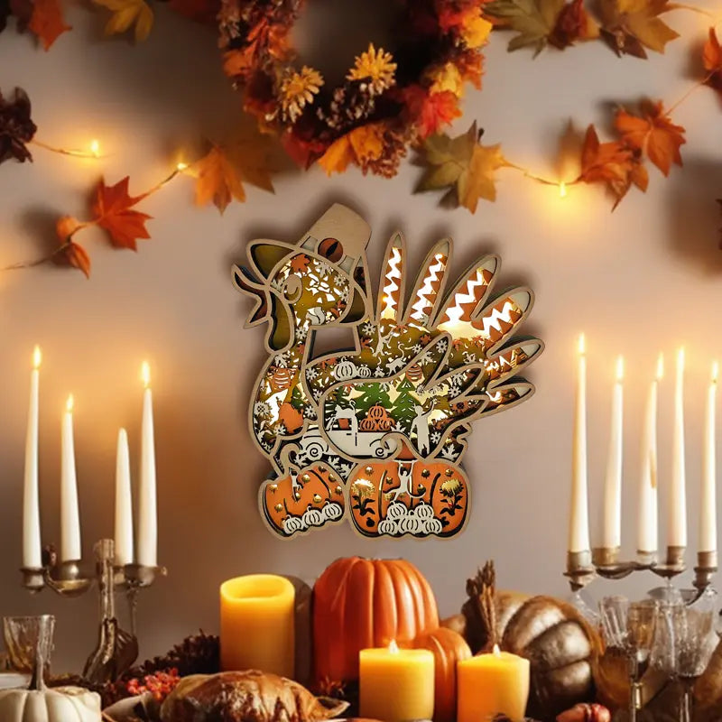 FNYDOX 3D Wooden Turkey Light Up Thanksgiving Decor
